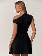 One Shoulder Mini Dress with A-Line Skirt