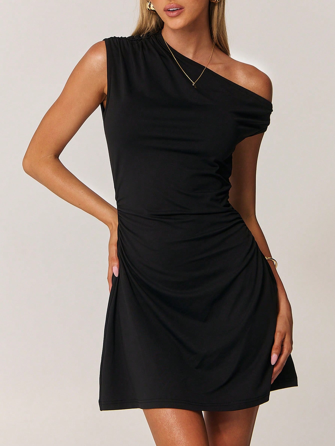 One Shoulder Mini Dress with A-Line Skirt