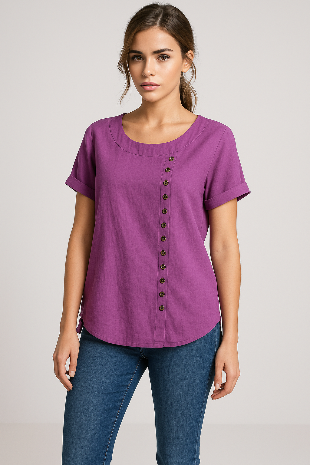 Linen Blend Button-Up Blouse