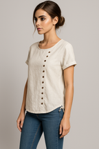 Linen Blend Button-Up Blouse
