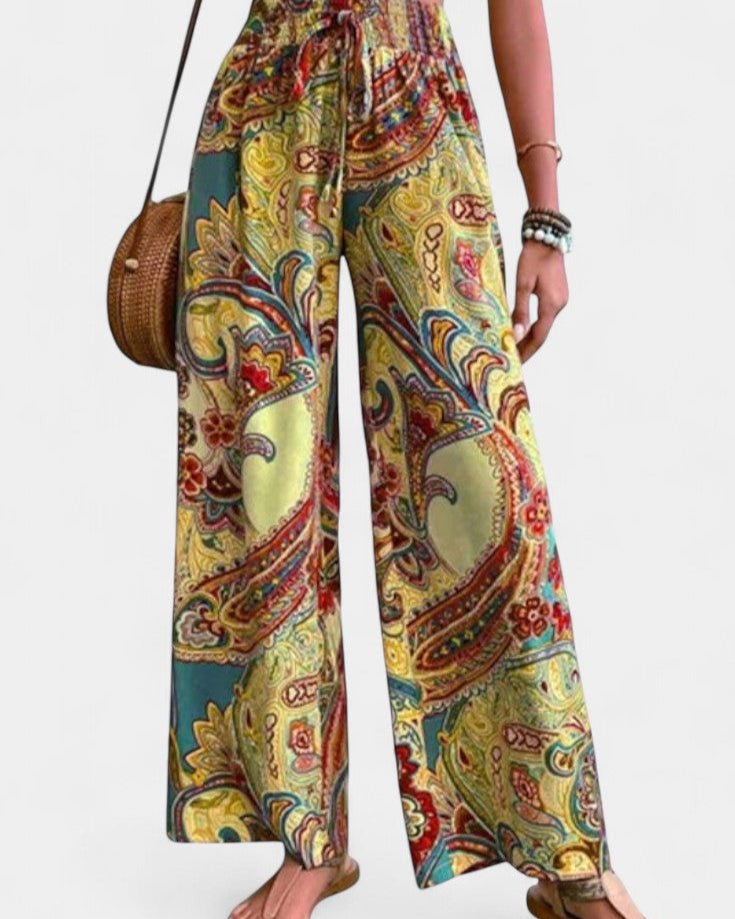 Paisley Print Wide Leg Pants With Elastic Waist