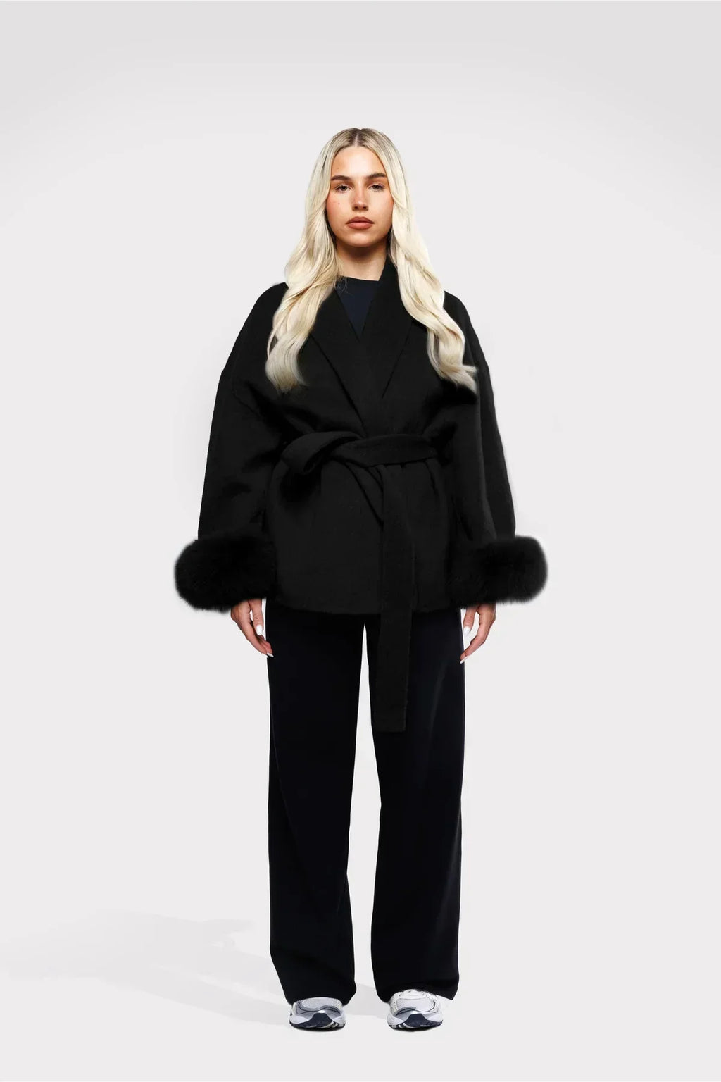 Belted Jacket With Faux Fur Cuffs