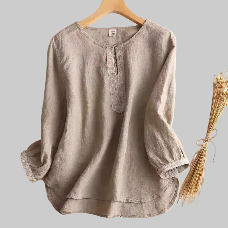 Button Front Shirt Blouse With Floral Embroidery