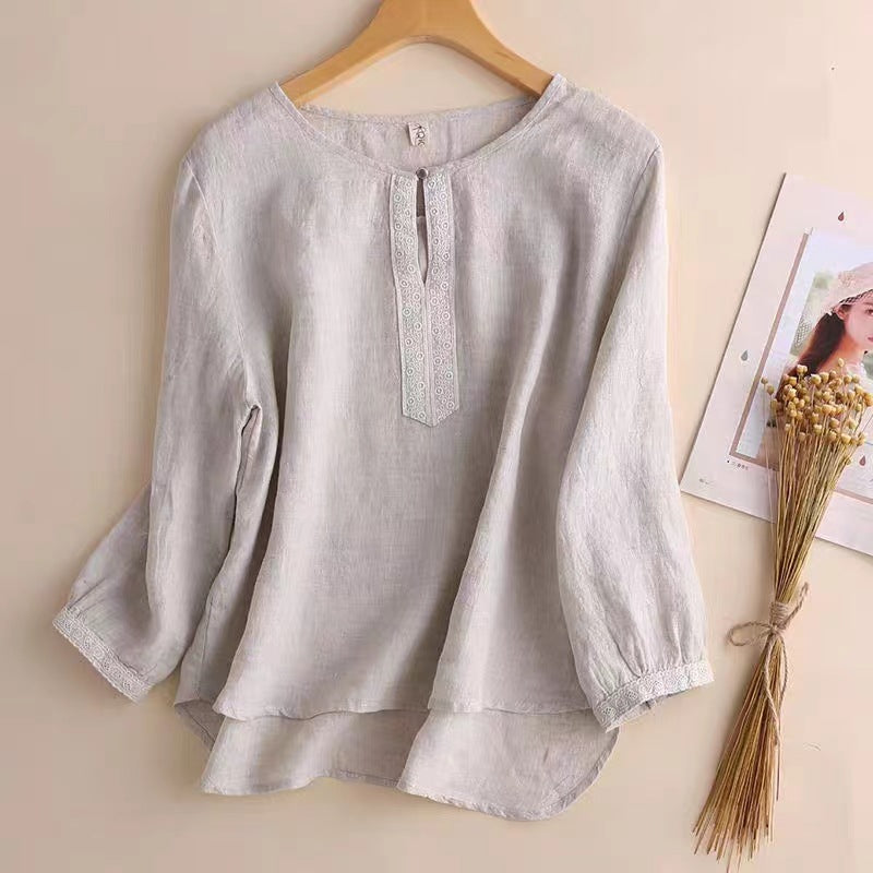 Button Front Shirt Blouse With Floral Embroidery
