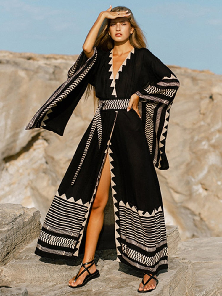 Long Ethnic Print Kaftan with Belt