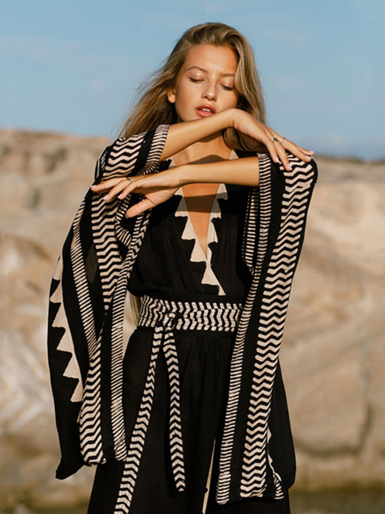 Long Ethnic Print Kaftan with Belt