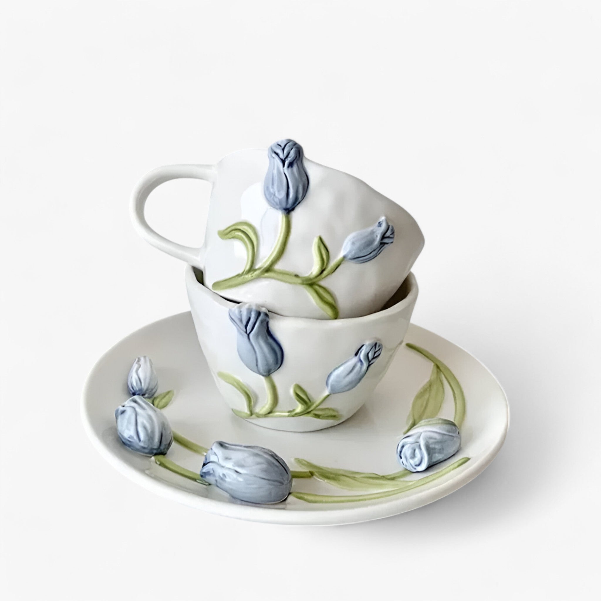 Tulip-Shaped Ceramic Coffee Cup with Saucer