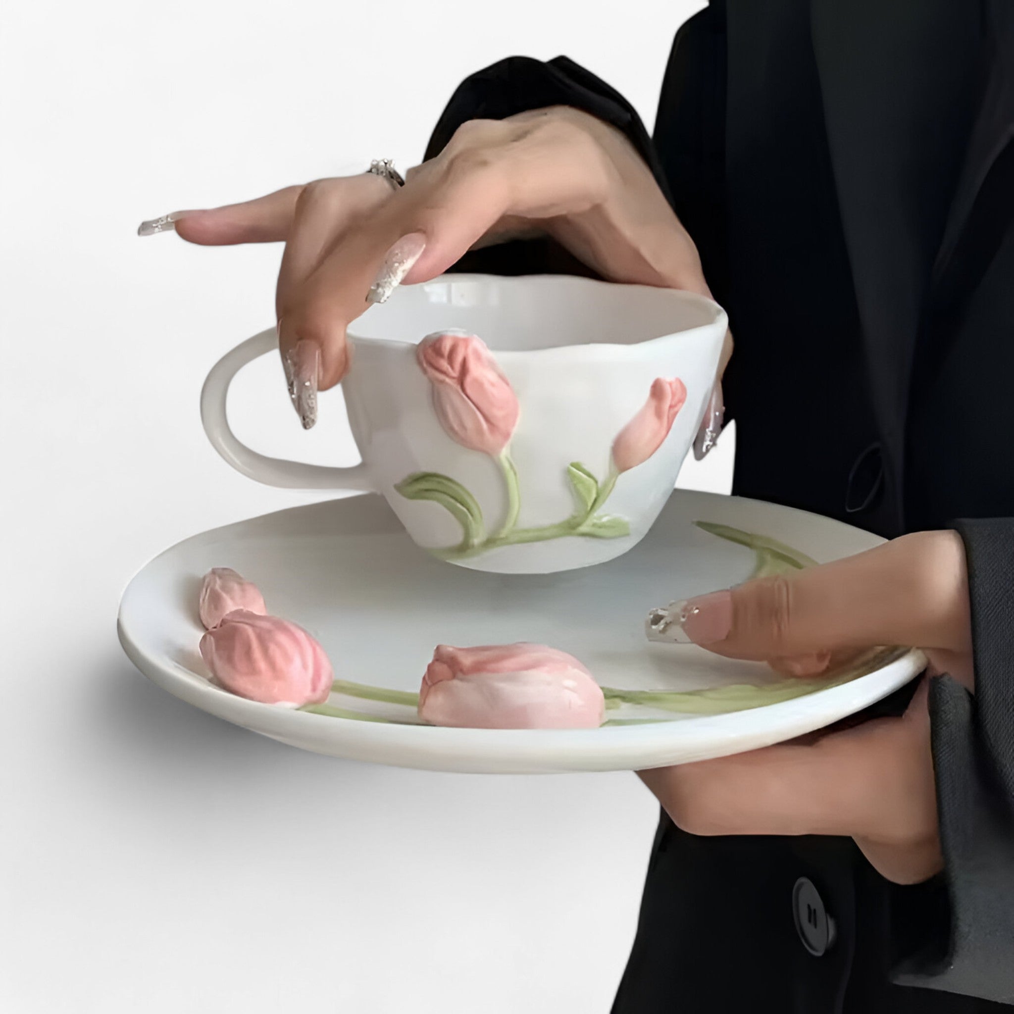Tulip-Shaped Ceramic Coffee Cup with Saucer