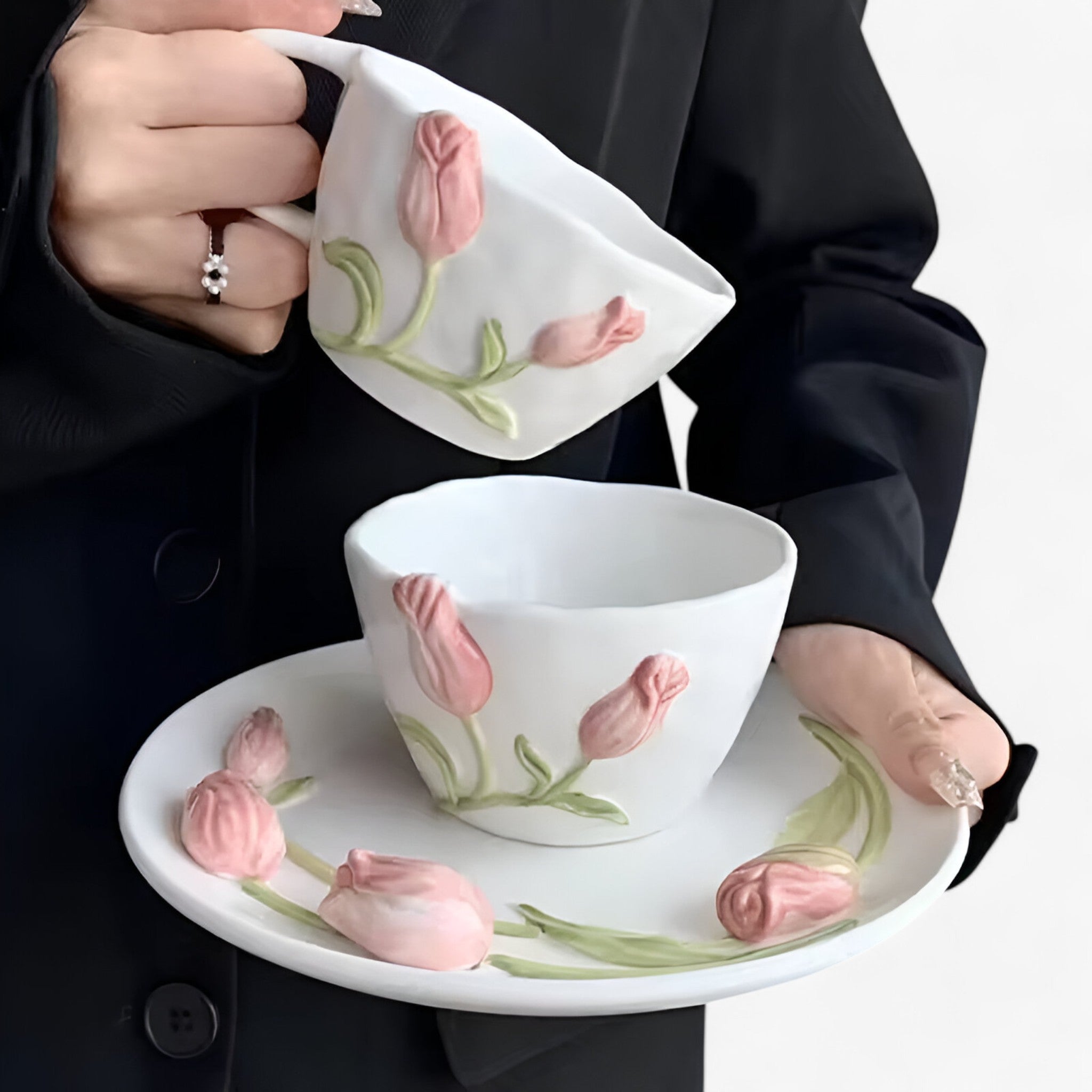 Tulip-Shaped Ceramic Coffee Cup with Saucer
