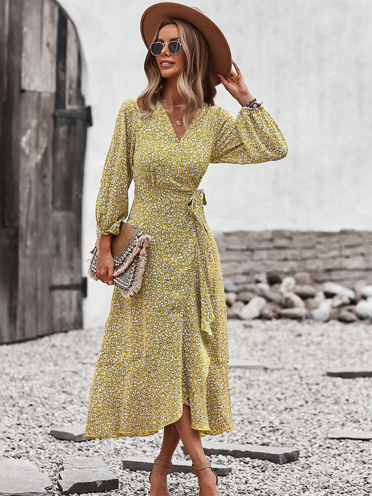 Floral V-Neck Midi Summer Dress