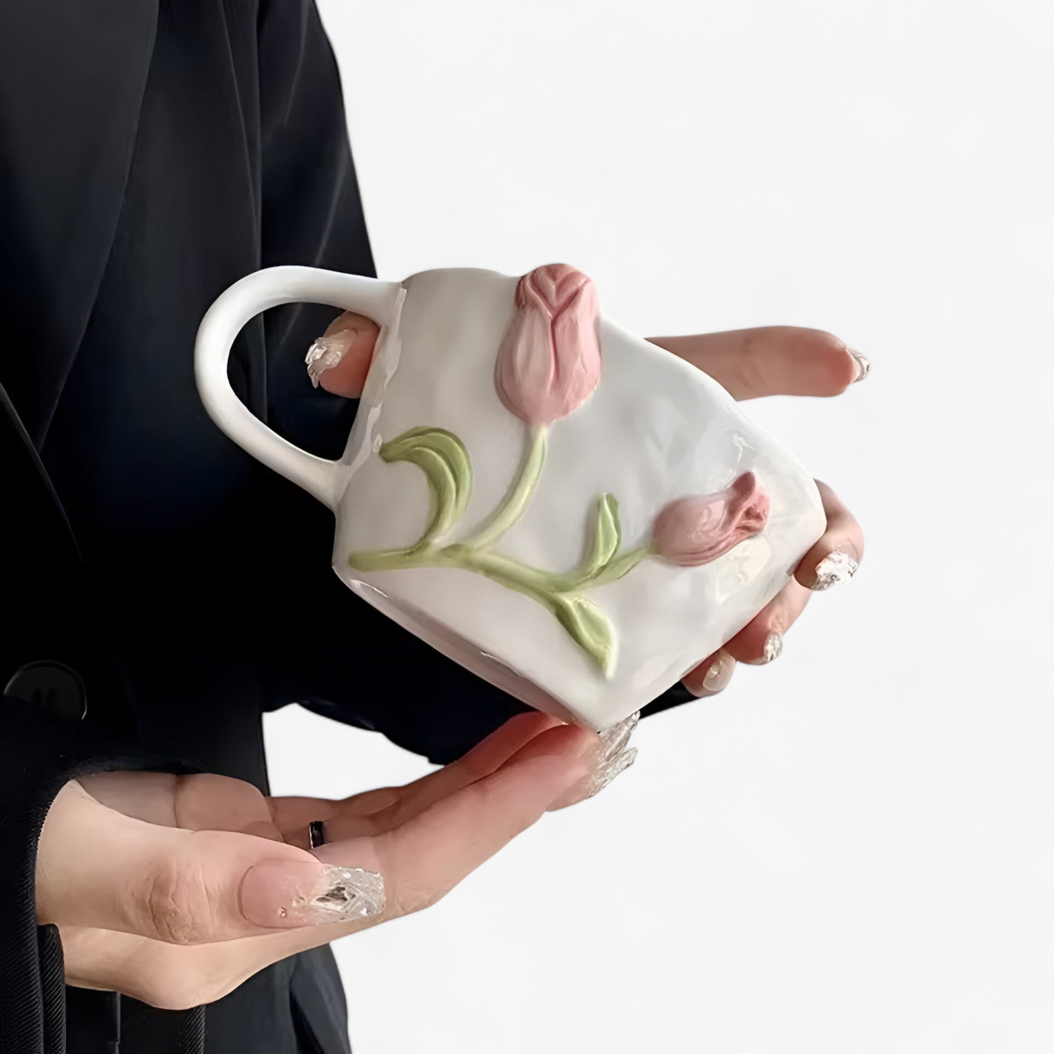 Tulip-Shaped Ceramic Coffee Cup with Saucer