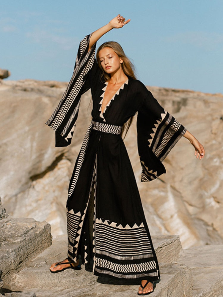 Long Ethnic Print Kaftan with Belt
