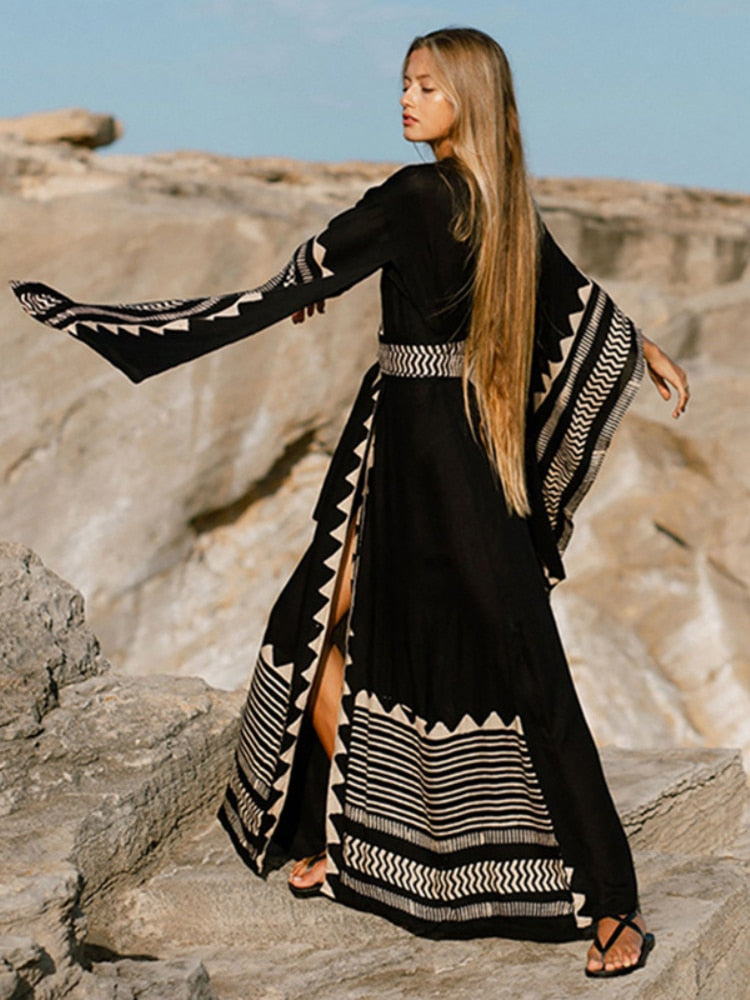 Long Ethnic Print Kaftan with Belt