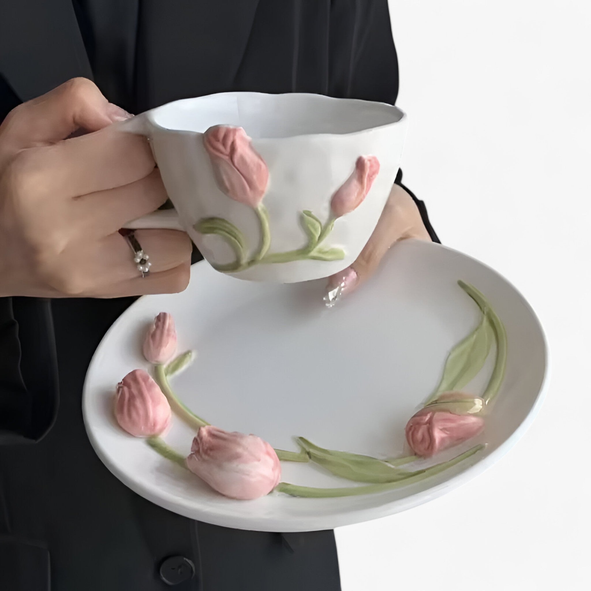 Tulip-Shaped Ceramic Coffee Cup with Saucer