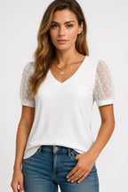 Women’s V Neck T Shirt with Puff Sleeves
