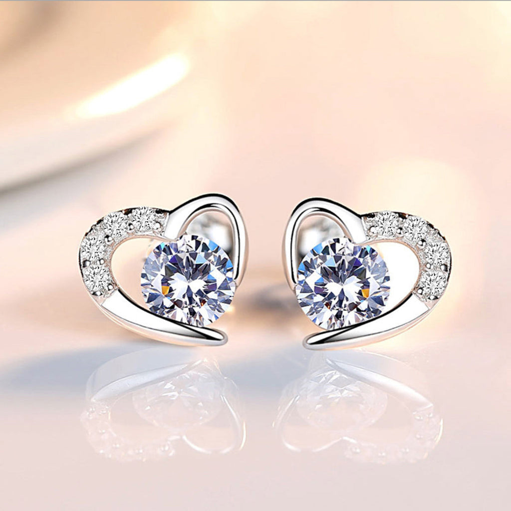 Love Heart Stud Earrings With Decorative Stones