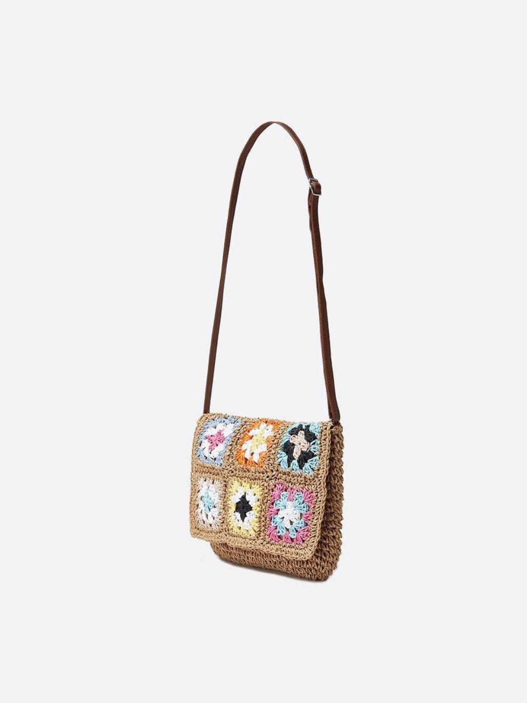 Woven Straw Shoulder Bag with Crochet Detail