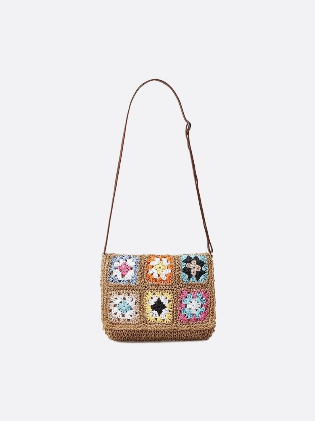 Woven Straw Shoulder Bag with Crochet Detail
