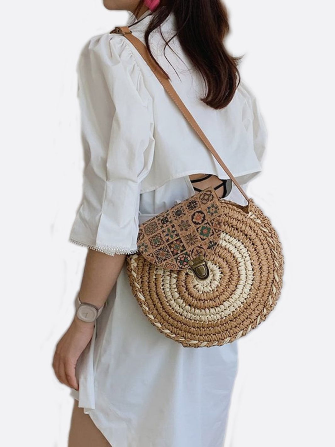Round Straw Shoulder Bag Lightweight Summer Tote