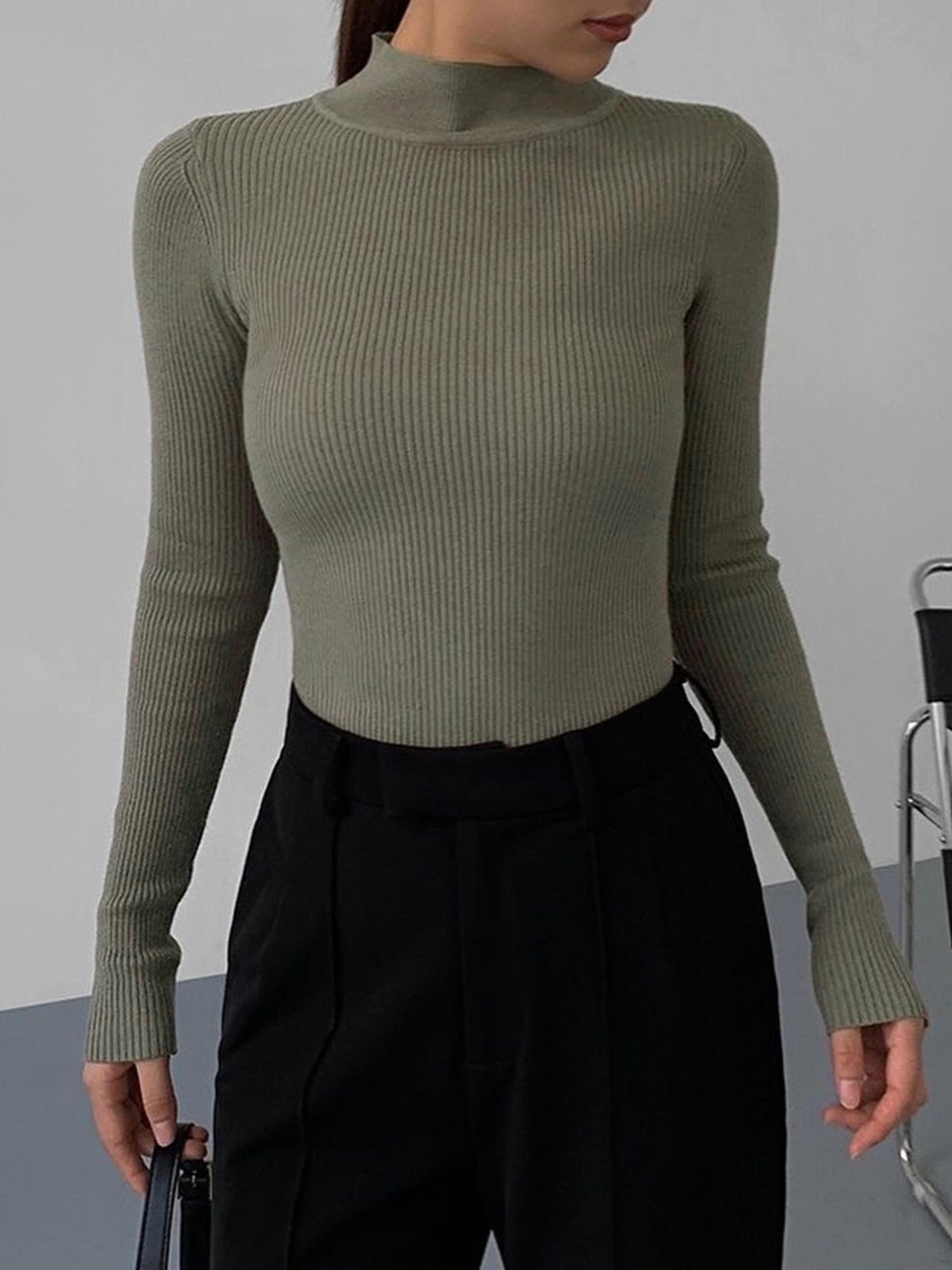 Ribbed Long Sleeve Top High Neck