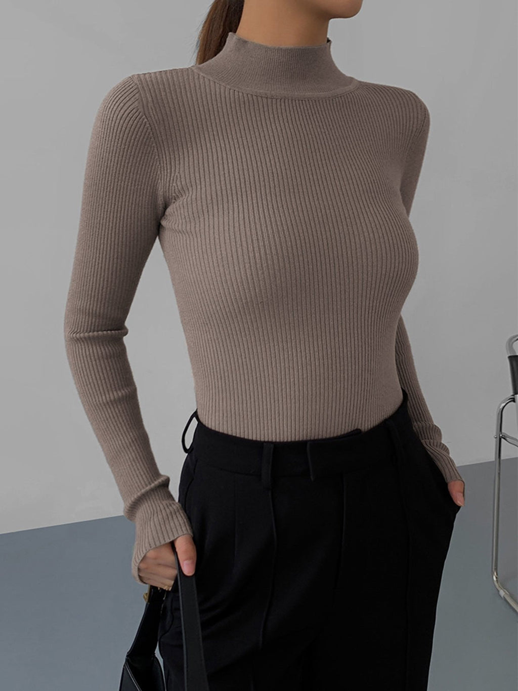 Ribbed Long Sleeve Top High Neck
