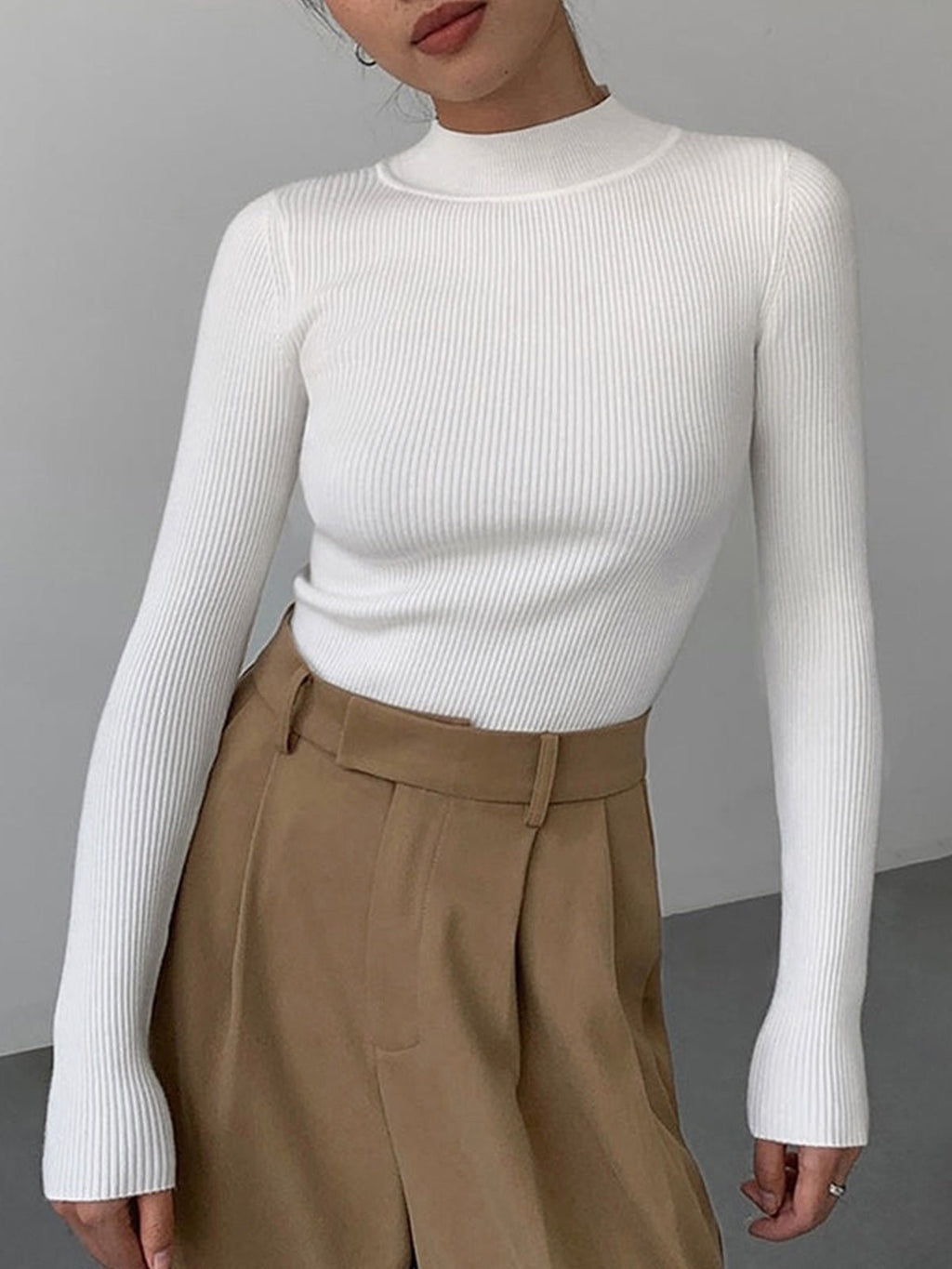 Ribbed Long Sleeve Top High Neck